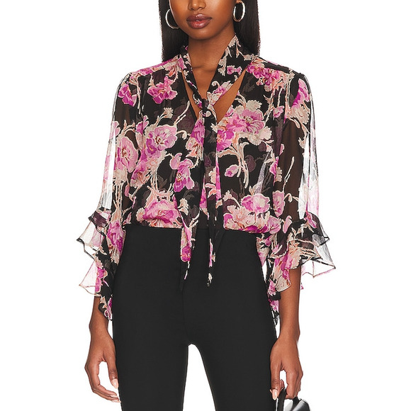 Misa Los Angeles Tops - Misa Los Angeles Sheer Black Floral Gigi Blouse Size L